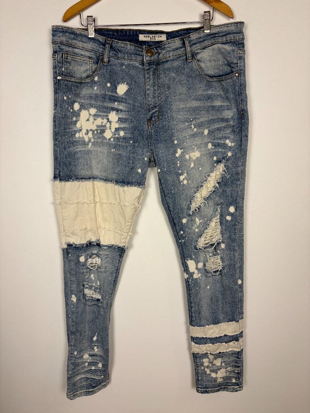 Reelistik NYC Jeans Mens 40 Distressed Patchwork Paint Splatter Skinny Stretch